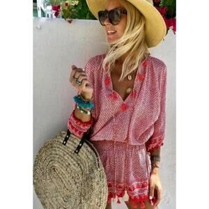 Mini Dress Red & White Print Size L Tassles Boho Fiesta Party Cruise Beach